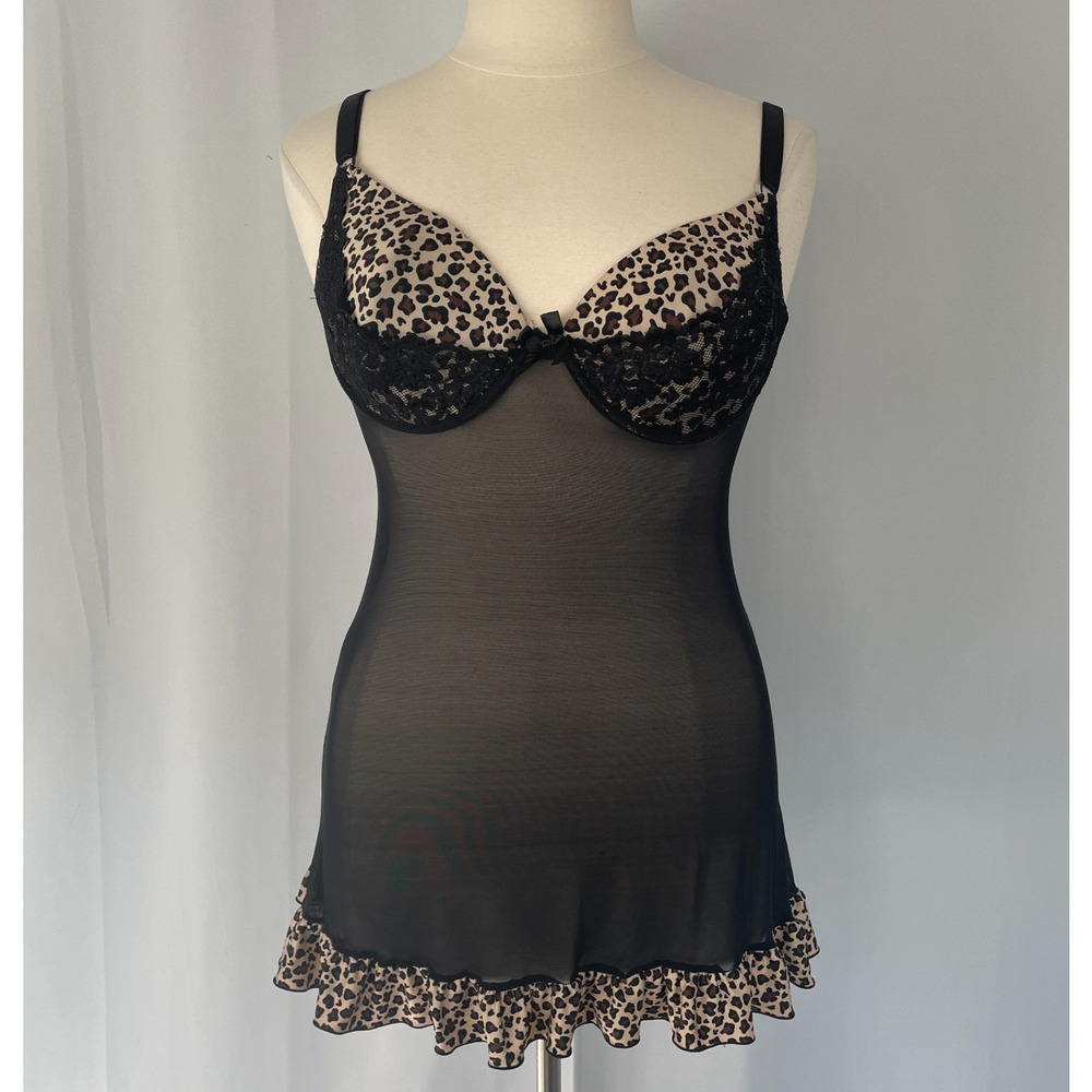 Lingerie Chemise Nightie Plus Size 2X Black Cheetah Print Sheer Mesh Indie